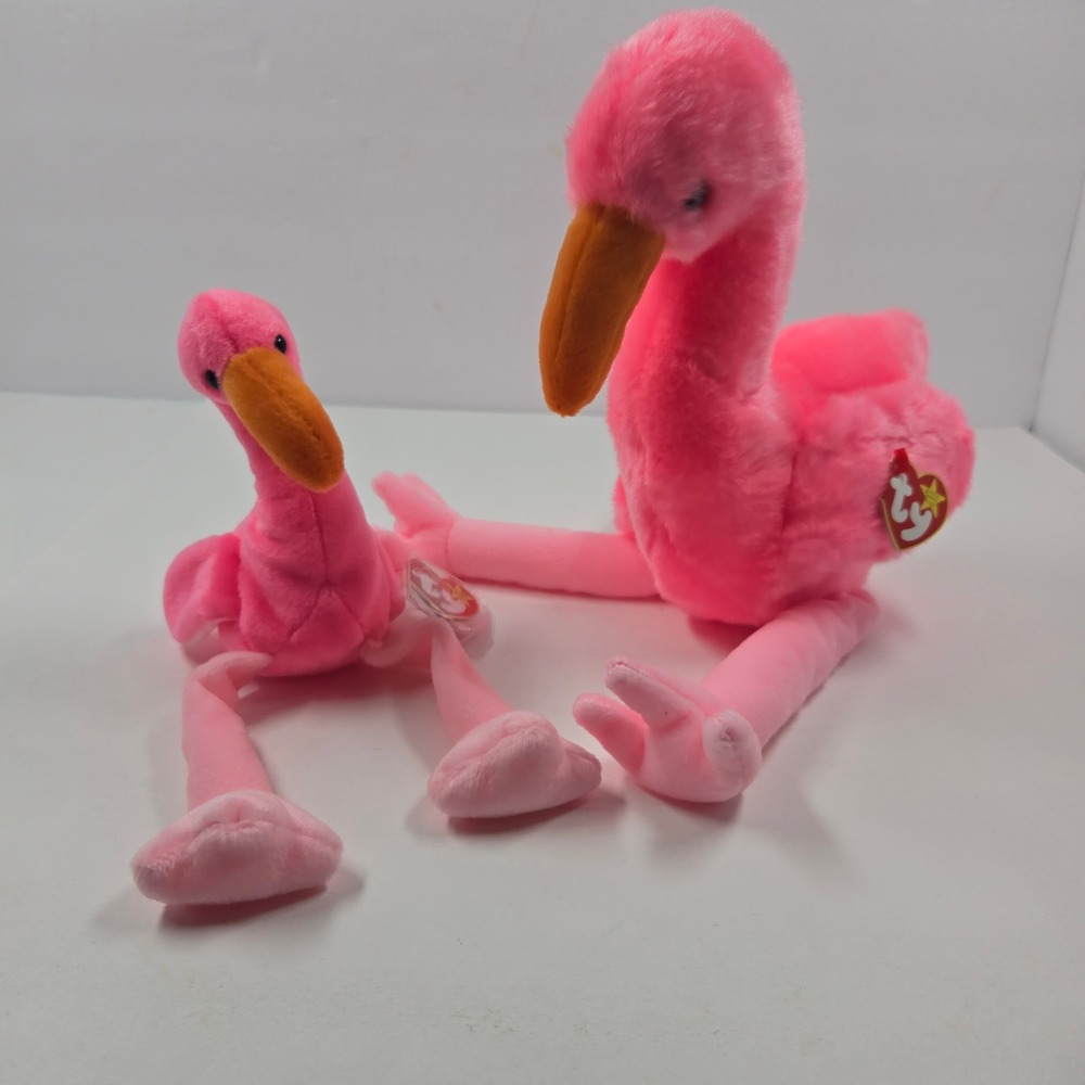 Ty Beanie Baby and Buddy Pinky the Flamingo Plush Set Hot Pink 04072 1995 2pc